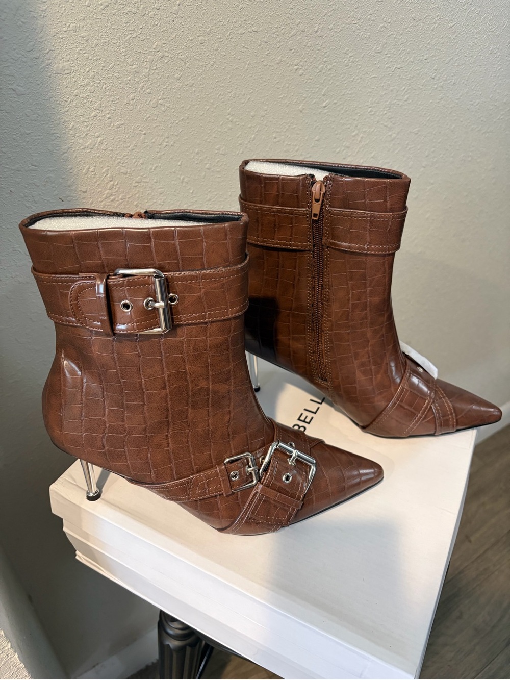 Croc-Embossed Pointed Toe Ankle Boots in Brown